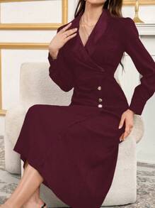 Modelyn 女士优雅纯色披肩领中长连衣裙，秋冬季长款晚礼服 - 酒紅色 - 查看 6