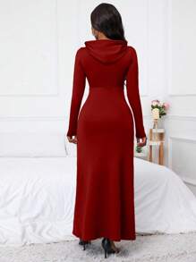 SHEIN LUNE Gaun Maxi Wanita Berkerudung dengan Tali Serut dan Kantong, Pakaian Wanita - Burgundy - View 2