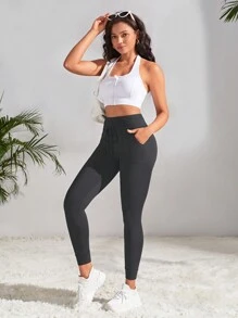 Easithlete 女式高腰弹力健身瑜伽裤，带口袋 - 深灰色 - 查看 6