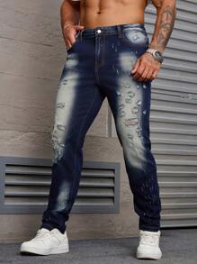 Manfinity Homme Pantalones vaqueros casuales con bolsillos y efecto desgastado para hombres de talla grande