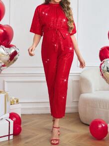 SHEIN Maternity Sequin Elegant Loose Sequin Jumpsuit - Red - View 3