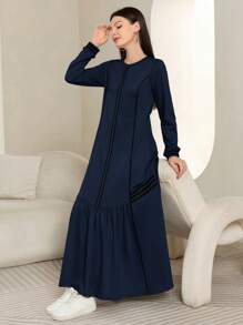 Seusyu Women Casual Contrast Striped Sweatshirt Dress, Autumn/Winter - Navy Blue - View 8