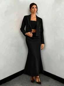 Glamine 2pcs/Set Women Black Summer Elegant Office Notched Collar Single-Breasted Short Jacket And Pleated Fish Tail Slim Fit Long Skirt Suit Fall Outfit - Black - View 6
