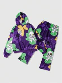 ROMWE MEN Street Life Men's Loose Skull Flower Print Sweatshirt & Pants Set - Purple - View 2