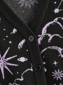ROMWE Goth Plus Size Mysterious Star And Moon Jacquard Knit Open Cardigan, Loose Fit - Black - View 4
