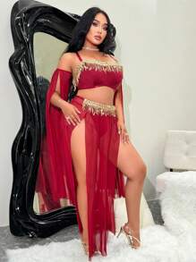 Fantasy Costume Fantasy Costume 4pcs Plus Size Mesh Tassel Lingerie Set - Burgundy - View 6
