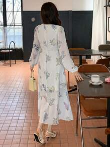 DAZY Floral Print Tie-Up Split Puff Sleeve Women's Mid-Length Dress,Fall Dress Long Sleeve Dress Boho Vacation Outfits Women - Beige - View 2
