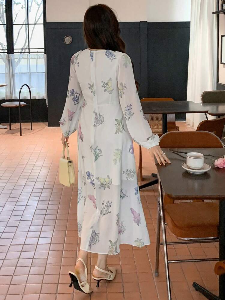 Floral Print Tie-Up Split Puff Sleeve Women's Mid-Length Dress,Fall Dress Long Sleeve Dress Boho