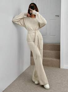 SHEIN Tall Women Lantern Sleeve Sweater With Cinching Waist And Sweater Pant Two Pieces Set Co-Ords - Beige - View 1