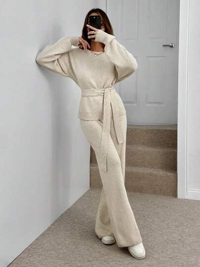 SHEIN Tall Women Lantern Sleeve Sweater With Cinching Waist And Sweater Pant Two Pieces Set Co-Ords