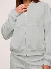 SHEIN BASICS 女款休閒純色針織立領長袖寬鬆夾克外套，秋冬服飾 - 淺灰色 - 查看 6