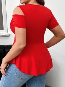 SHEIN Privé 扭腰设计伞形下摆加大码女式 T 恤，情人节造型 - 紅色 - 查看 3