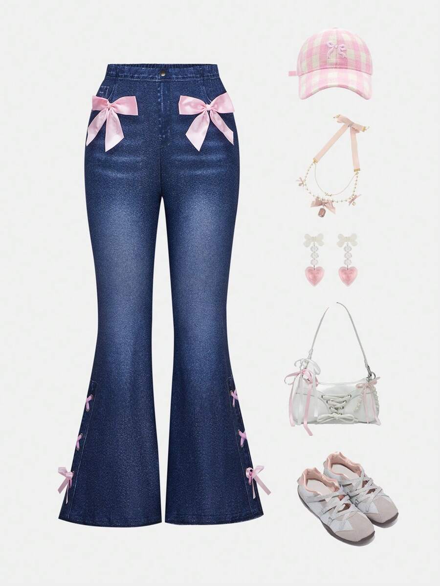 SHEIN Tween Girls Knitted Bowknot Decor Flare Pants - Blue - View 1