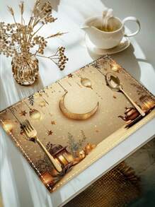 1buc/4buc/6buc Ramadan Lantern Moon Star Placemat, Pret alungit din poliester lavabil la masina, Blat protejat, Placemat izolat, Decorare restaurant, Decorat masa, Articole de uz casnic, Potrivit pentru multi oameni, Decorare pentru petreceri