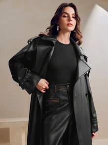 SHEIN X Lucía Bellido Anewsta Damen Angoramantel in Rot mit Knopfleiste, elegant moderner Stil für Frühling und Herbst - Schwarz - Übersicht 4