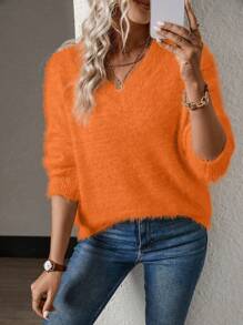 SHEIN LUNE Áo len dệt kim rộng cổ chữ V màu trơn cho nữ, mùa thu/đông - trái cam - Xem 6
