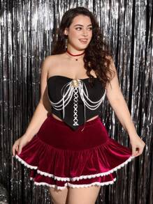 SHEIN MOD Plus Size Vintage Velvet Ruched Decorative Cute Cake Pleated Skirt, Valentine's Day Gift - Burgundy - View 8
