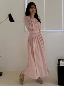 DAZY Women's Solid Color Pleated Long Elegant Dress, Pink, Spring/Summer,Fall Clothes Long Sleeve Dress Maxi Dress - Pink - View 3