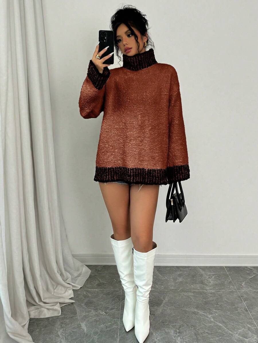Chiquease Elegant Contrast Color Long Sleeve Women Knitted Pullover Sweater, Autumn/Winter Fall
