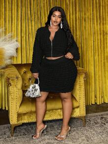 Slaydiva 大码女式休闲泡泡图案长袖夹克和迷你裙套装