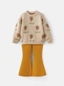 Maija Kids Maija Kids 2pcs/Set Young Girl Floral Pattern Sweater And Sweatpants Casual Suit - Apricot - View 1