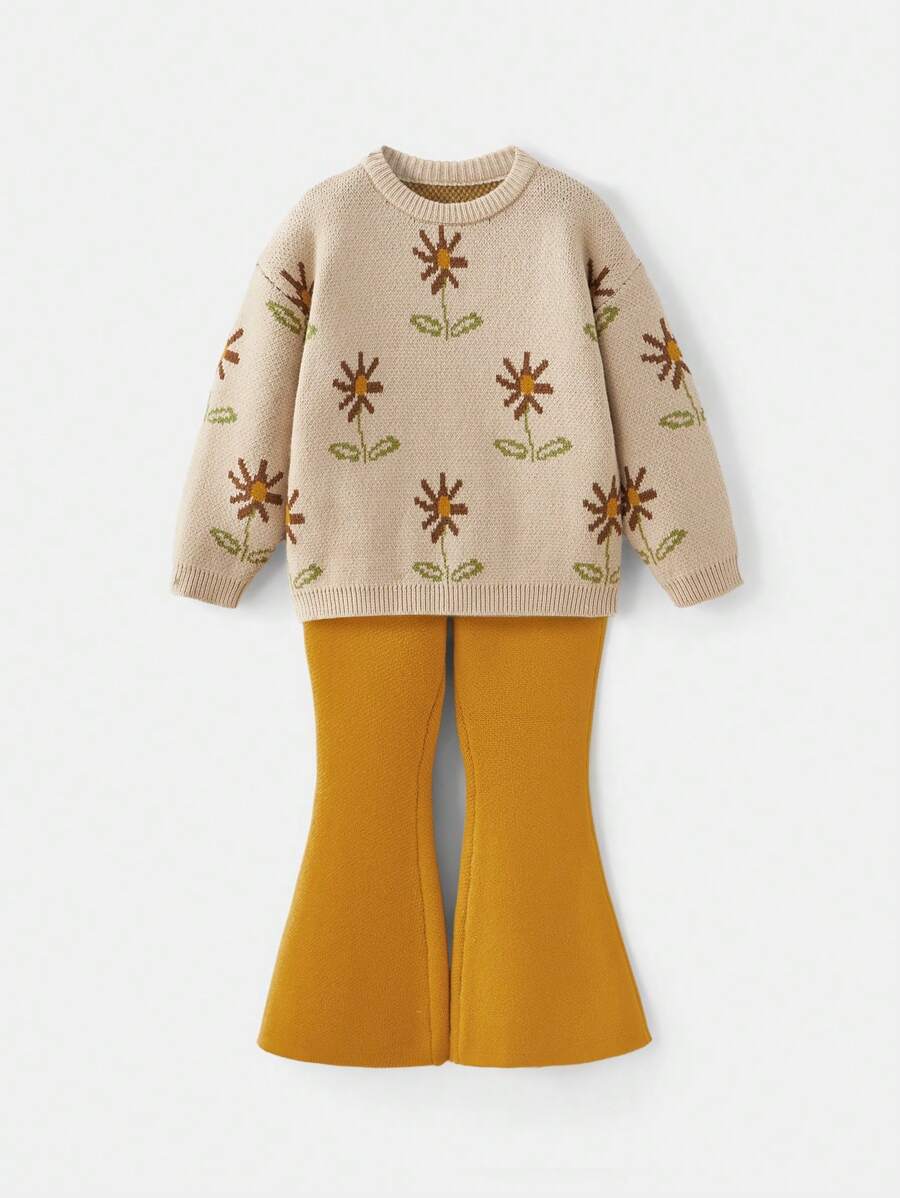 Maija Kids Maija Kids 2pcs/Set Young Girl Floral Pattern Sweater And Sweatpants Casual Suit - Apricot - View 1