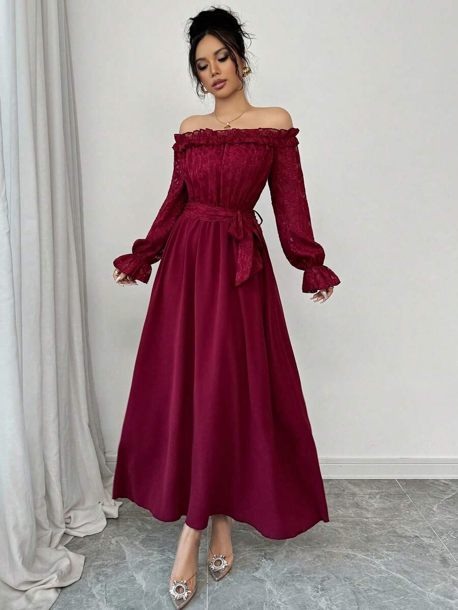 Modelyn Women's Elegant Solid Off Shoulder Cutout Patchwork Dress - Burgundy - View 1