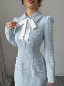 Modelyn 女士优雅纹理粉色粗花呢仿珍珠纽扣长袖连衣裙，秋冬季长款晚礼服