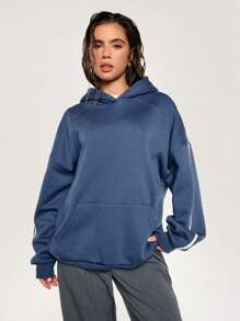 Athîral Women Casual Blue Minimalist Contrast Stripes Side Raglan Sleeve Kangaroo Pocket Hoodie, Spring And Autumn - Blue - View 5