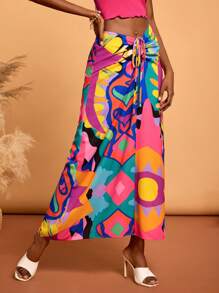 Abeille Creations Designer Boho Bohemian Summer Colorful Abstract Print Chiffon Drawstring Long Skirt, Going Out, Vacation, Beach, Festival, Ibiza Fits - Multicolor - View 3