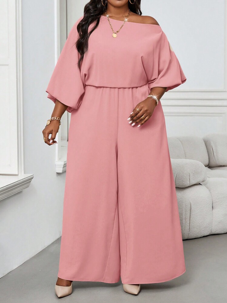SHEIN Lady Autumn And Winter Elegant Vintage Work Casual Office Champagne Woven Off The Shoulder Ball Gown Bishop Sleeve Backless New Product Plus Size Jumpsuits - Pink - View 5