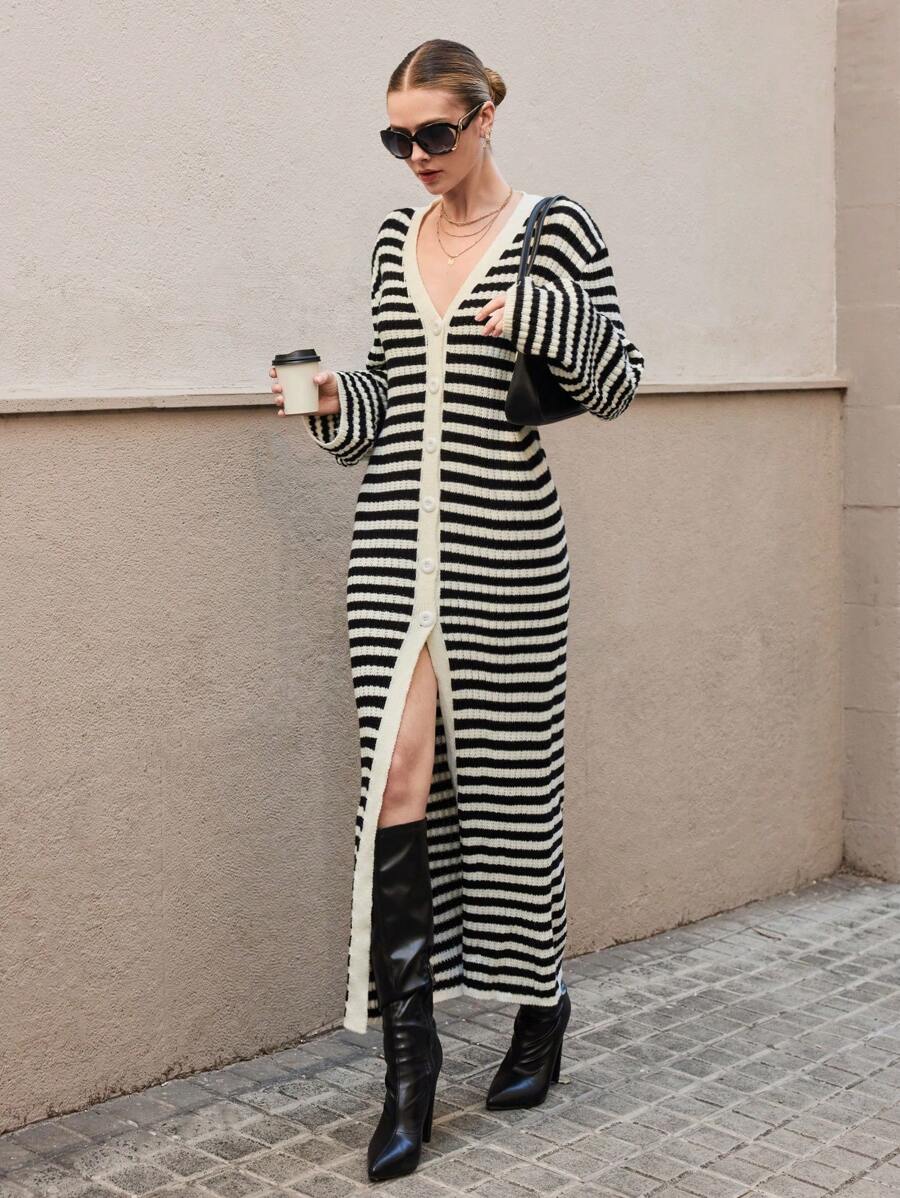 RueChic Urban Style Striped Button Closure Flare Sleeve Women's Long Cardigan - Black and White - View 1