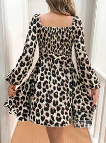 SHEIN Frenchy Women's Casual Leopard Print Lantern Sleeve Asymmetrical Hem Mini Sundress, Belted Dress, Suitable For Spring And Autumn Winter Cheetah - Multicolor - View 2