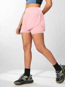 SHEIN Sports 纯色高腰二合一运动短裤毛衣短裤 - 粉色 - 查看 7