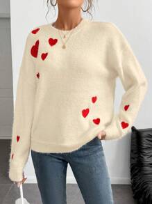 Chiquease European And American Stylish Design 3D Heart Embroidered Faux Mink Loose Fit Pullover Sweater, Autumn/Winter