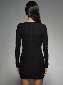 MISSGUIDED 船领罗纹长袖修身紧身迷你连衣裙 - 黑色 - 查看 2