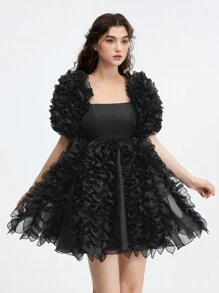 SHEIN MOD Women Elegant Black Ruffle Trim Organza Mini Dress, Dresses For Women, Dresses For Women Elegant, Dresses For Women Party, Corset Dress, Graduation Dress, New Year Party Dress, Going Out Dress, Vintage Dress, Goth Dress, Dress Madrinha De Casamento