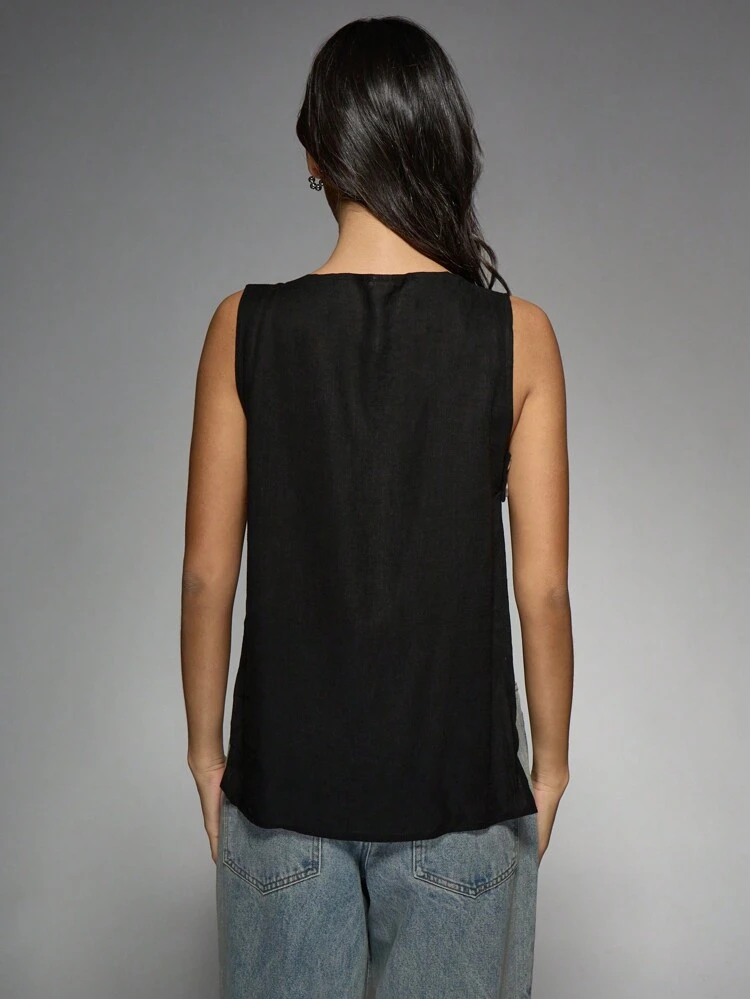 MISSGUIDED 오버사이즈 린넨 버튼 프론트 탱크탑 민소매 브이넥 탱크탑 여름 캐주얼 비치 리조트웨어 통기성 천연 원단 휴가 필수품