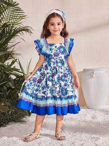 Kleine Mädchen Figurbetontes Lässig Kleid mit Blumenmuster, Rundhalsausschnitt, Rüschenärmeln - Blau - Übersicht 6
