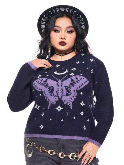 Hippie Plus Size Women's Mysterious Moon, Star And Butterfly Pattern Pullover Sweater, Autumn/Winter