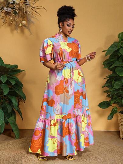 Slaydiva Plus Size Summer Romantic Vacation Floral Print Ruffle Trim Waist Tiered Dress,Beach Dress Sundress,Holiday Outfits Boho