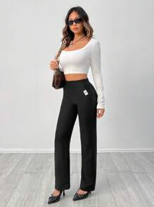 SHEIN PETITE 高腰斜口袋拼布直腿弹力编织黑色直筒裤 - 黑色 - 查看 4