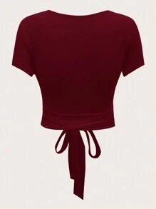 SHEIN ICON 扭纹前系带交叉短袖短款女式上衣 红色 - 酒紅色 - 查看 2