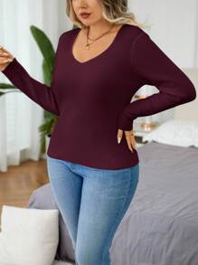 Calvaya 大码女式圆领长袖修身套头毛衣，秋冬针织套头衫 - 酒紅色 - 查看 3