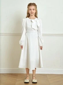 SHEIN Tween Girl 蝴蝶结装饰休闲长袖连衣裙，舒适