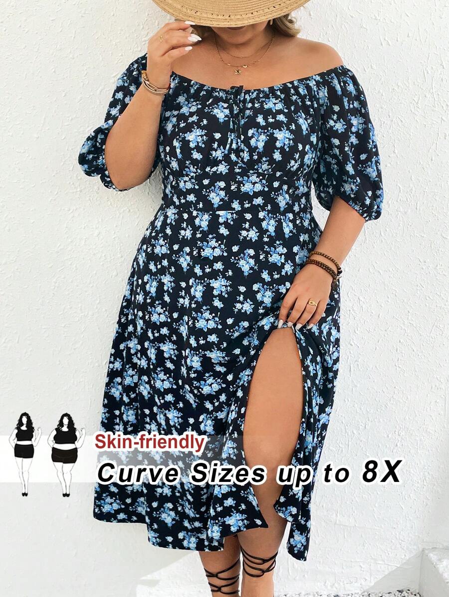 SHEIN CURVE+ Vestido de verano bohemio, elegante y con estilo romántico francés para mujer talla grande con estampado floral, mangas abullonadas, nudo delantero y abertura en el muslo - Multicolor - Ver 1