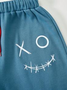 SHEIN 2 件套青少年男孩休闲连帽衫搭配运动裤，笑脸设计，适合万圣节 - 藍色 - 查看 7