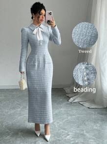 Modelyn 女士优雅纹理粉色粗花呢仿珍珠纽扣长袖连衣裙，秋冬季长款晚礼服