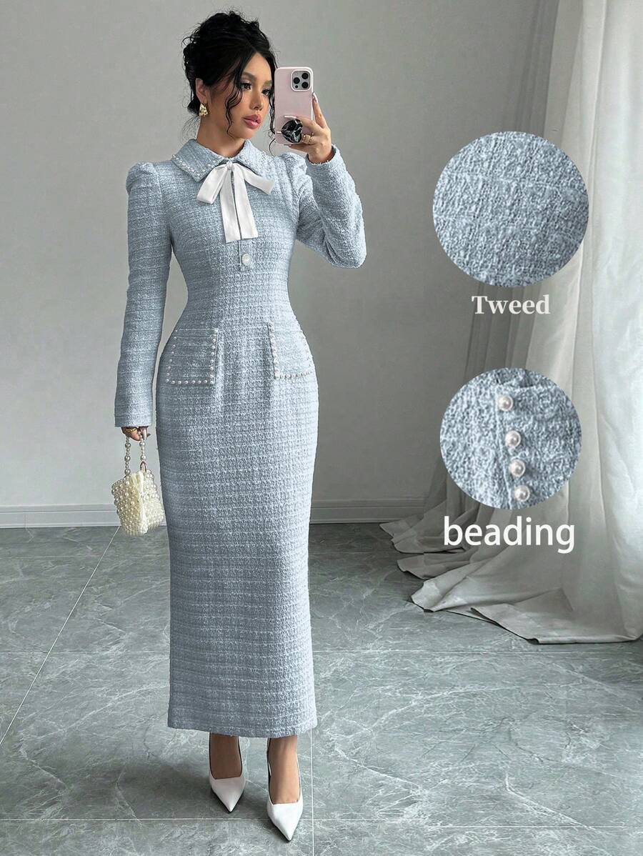 Modelyn 女士优雅纹理粉色粗花呢仿珍珠纽扣长袖连衣裙，秋冬季长款晚礼服