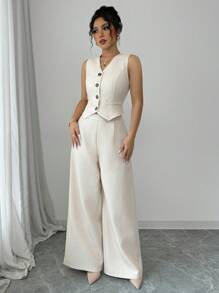 Elenzga Set de 2 piezas de chaleco de tweed para mujer, conjunto elegante de diseño regular con cremallera